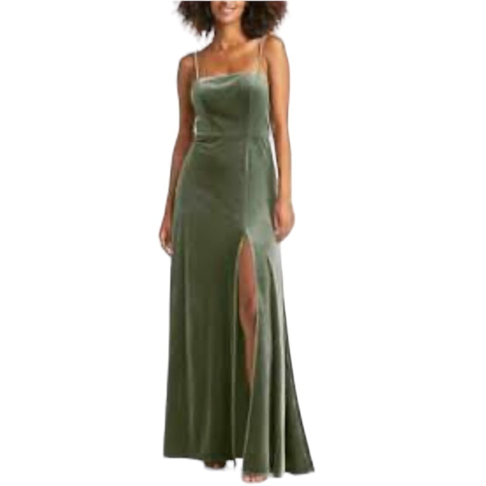 Lovely Womens Sage Green Velvet A-line High Slit Gown Size 4